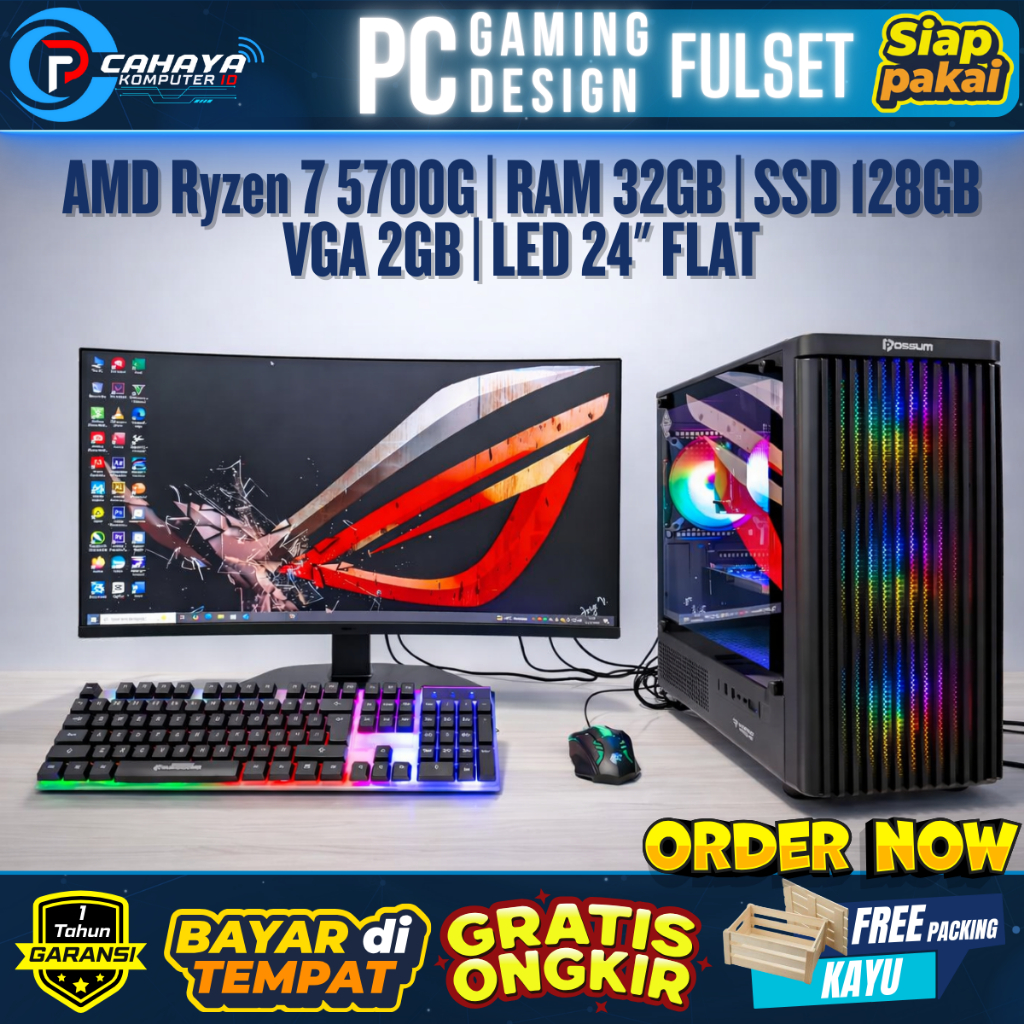 PC [FULL SET| AMD Ryzen 7 5700G | RAM 32GB | SSD 128GB | Monitor LED 27" CURVED Gaming Design MANTAP