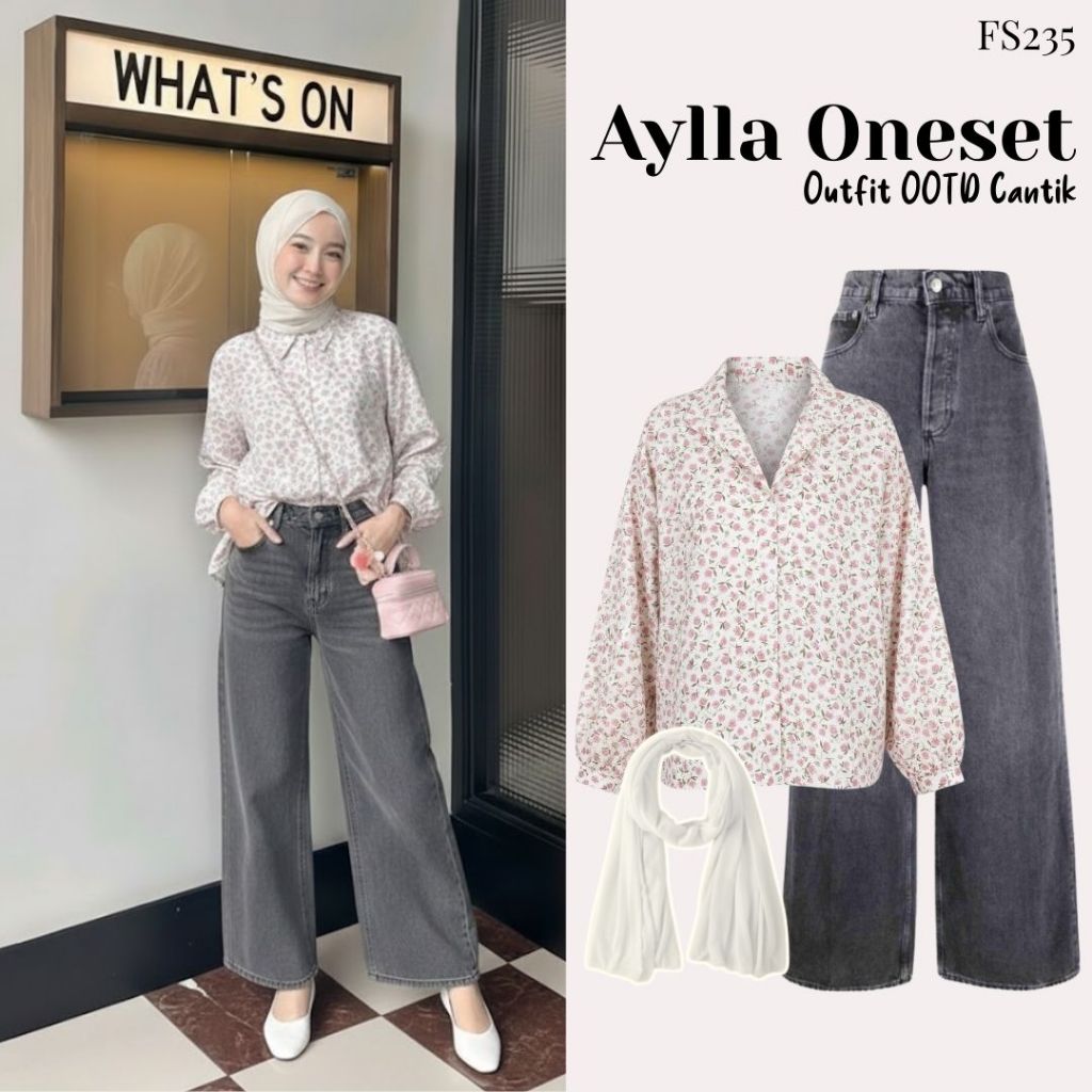 Aylla Oneset (Pasmina, Blouse Bunga, Kulot Jeans) Outfit Daily OOTD Motif Bunga Pink Cewek Cantik |F