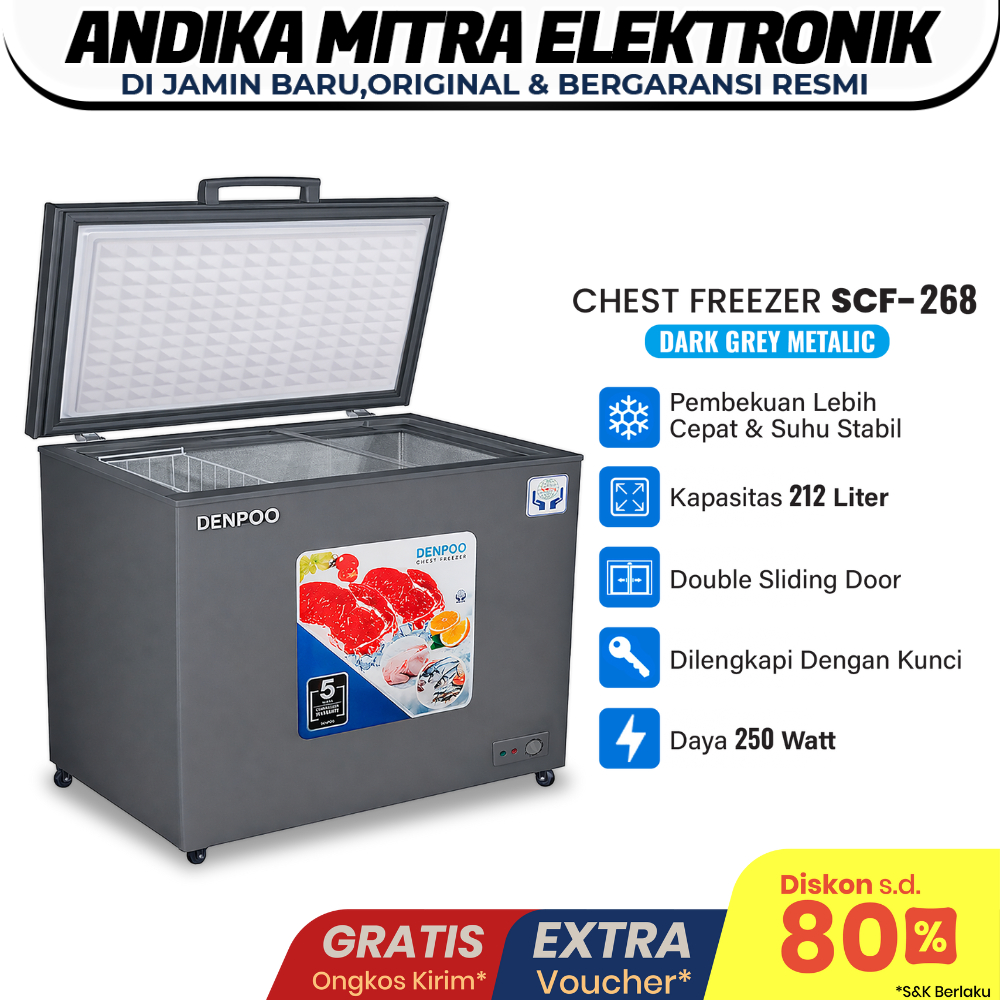 Chest Freezer / Freezer Box 212 Liter  Denpoo SCF 268 CG Food Frozen