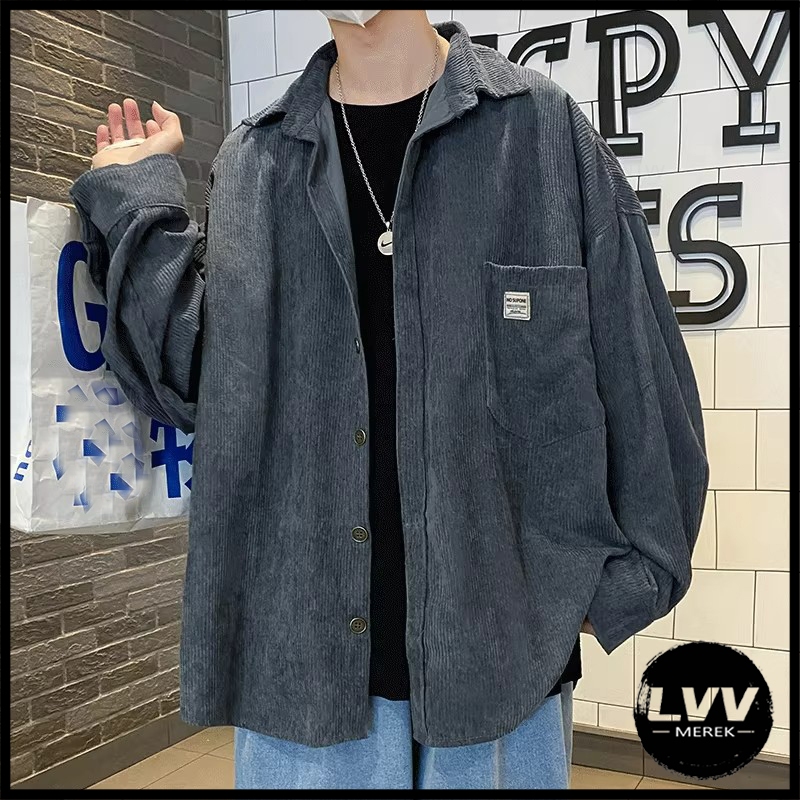 kemeja pria lengan panjang Pria Corduroy Boxy Casual mantel Korea Keren Shacket Lengan panjang Pleec
