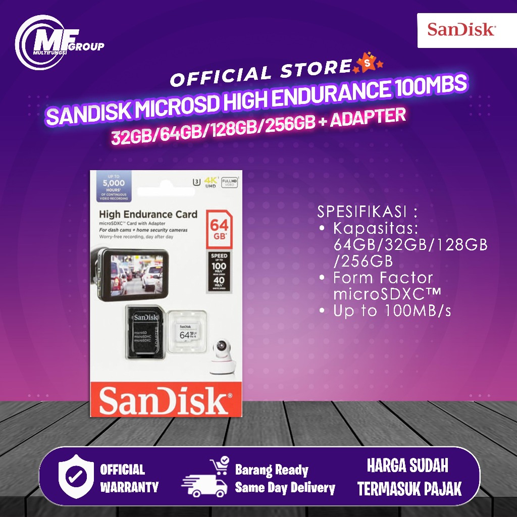 Sandisk MicroSD High Endurance 100Mbs 32GB/64GB/128GB/256GB + Adapter