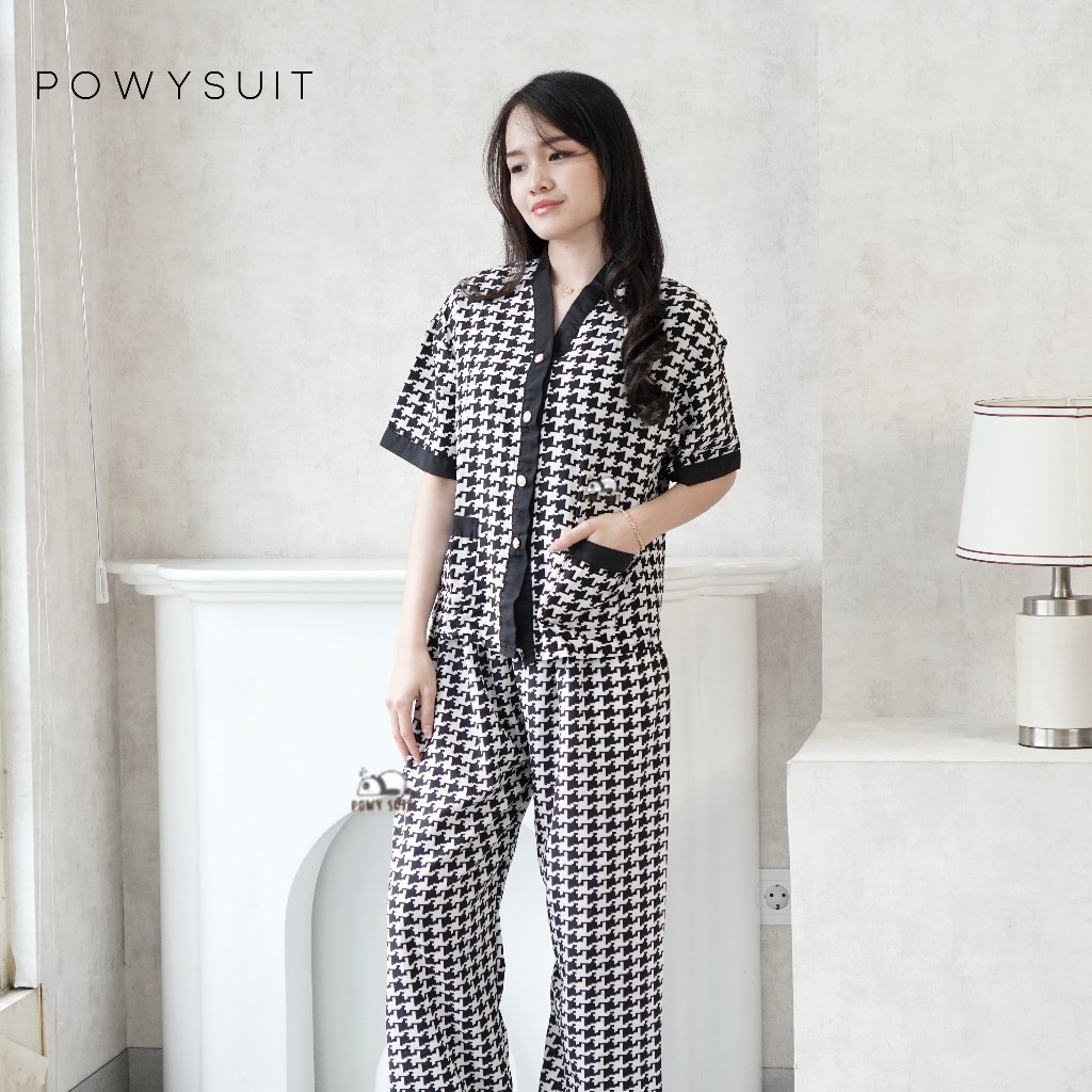 ST Vianca Piyama Motif Pita love Powysuit Bahan Satin Lengan Pendek Celana Panjang Baju Tidur Wanita
