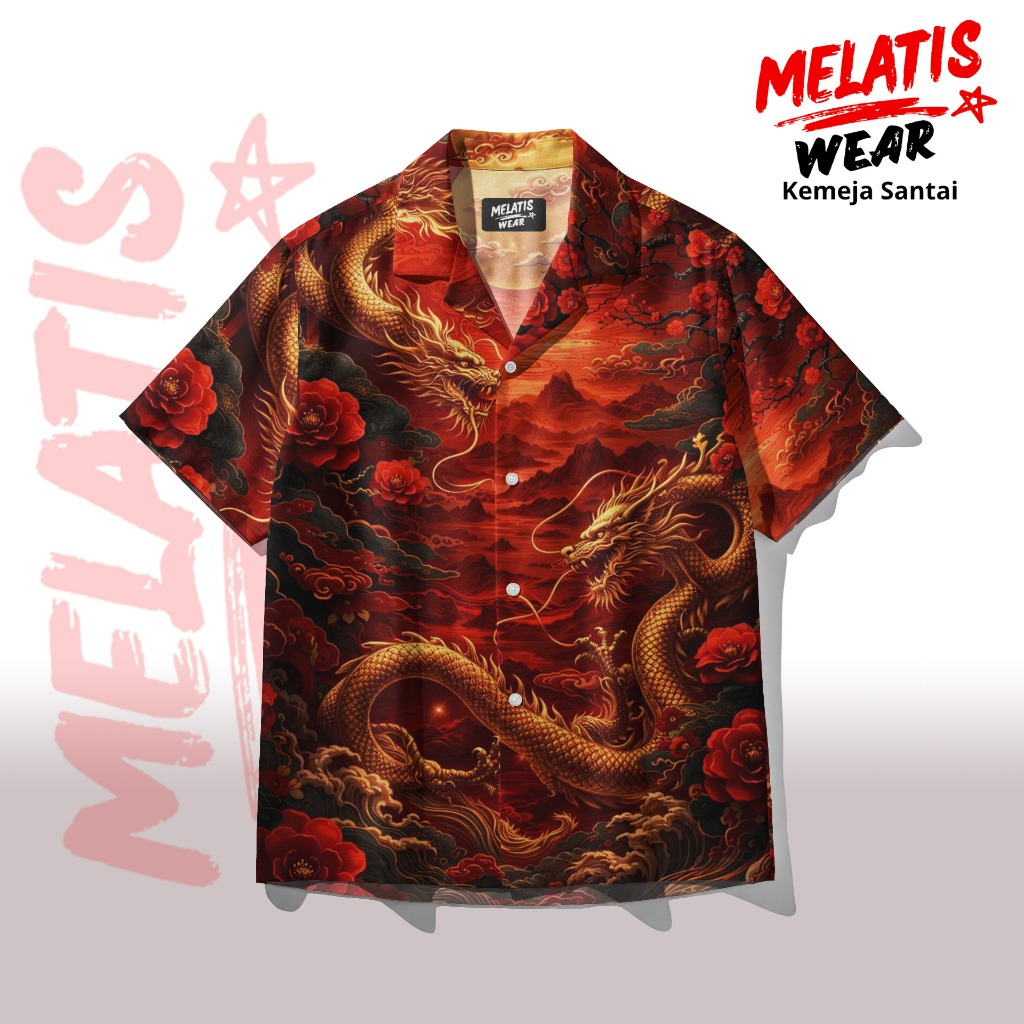 MELATIS Kemeja Pria Motif Naga Emas Peony Full Print Jepang Casual Premium | MW-200