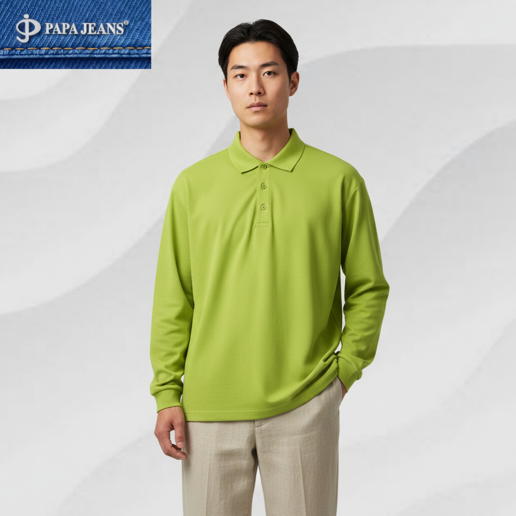 Papa Jeans Kaos Kerah Polo Shirt Lengan Panjang Hijau Neon / Hijau Stabilo
