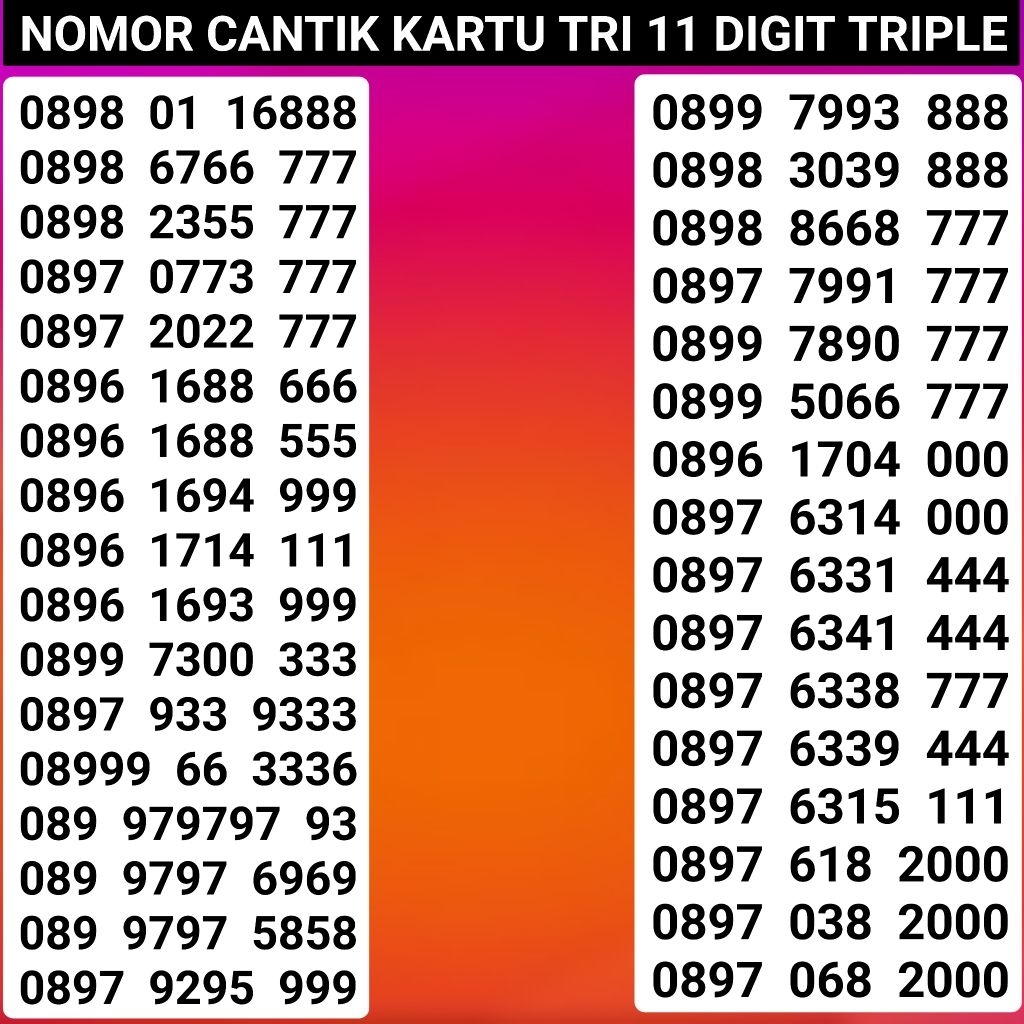 Nomor cantik kartu tri 11 digit Kartu perdana tri 11 digit triple 888 999 777