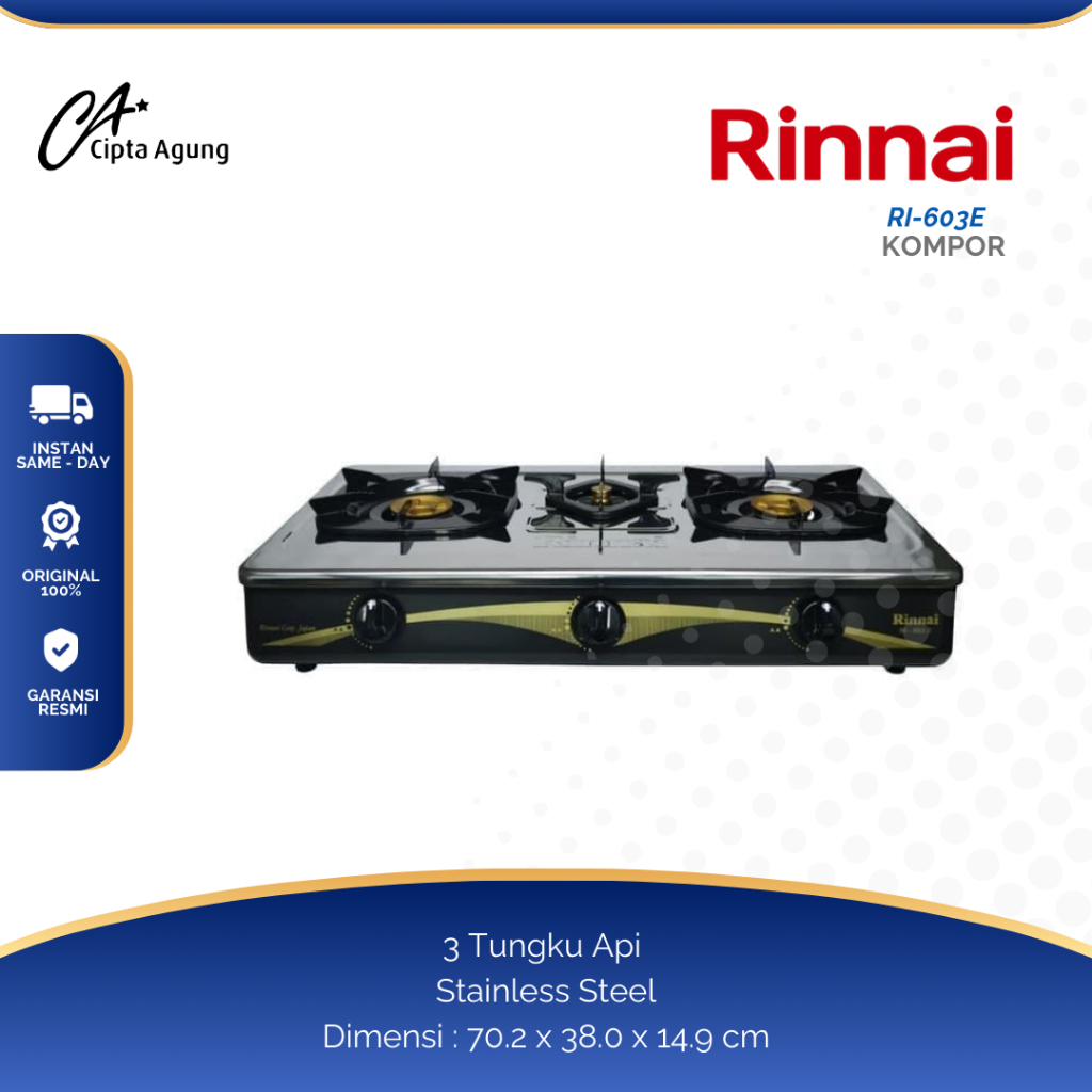 RINNAI KOMPOR GAS RINNAI RI-603E RI603 RI 603E  RI 603 E 3 TUNGKU STAINLESS STEEL