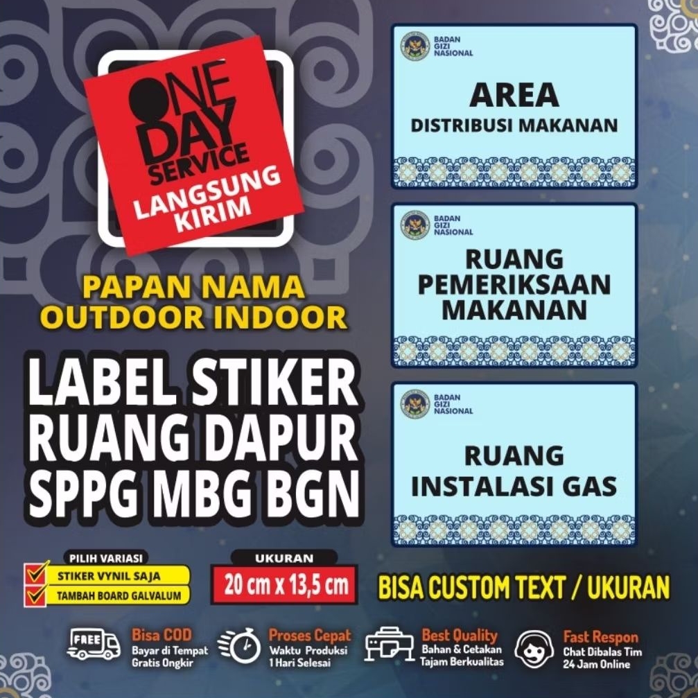 PAPAN PETUNJUK SIGN PLANG NAMA DAN LABEL STIKER NAMA RUANG DAPUR MBG SPPG BGN