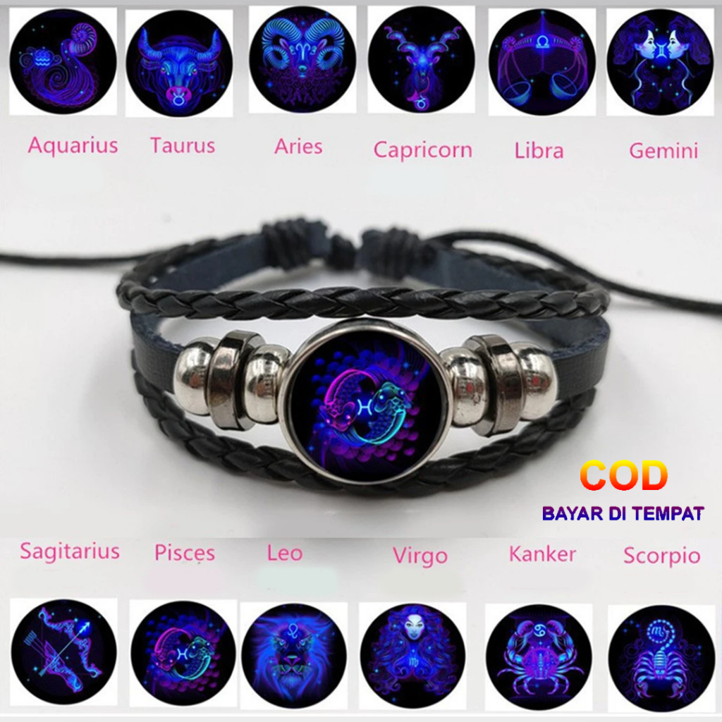 COD Gelang Zodiak 3D Glow In The Dark Tali Hitam Polos Aksesoris Fashion Korean Style Pria & Wanita