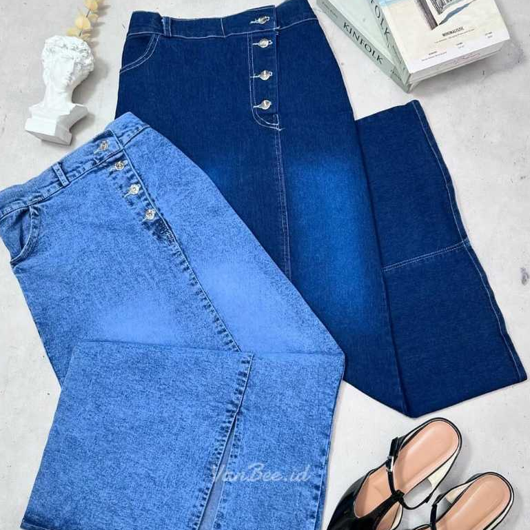 Rok Jeans Rebecca Rok Span Jeans Belah Samping Kancing Empat Korean Style