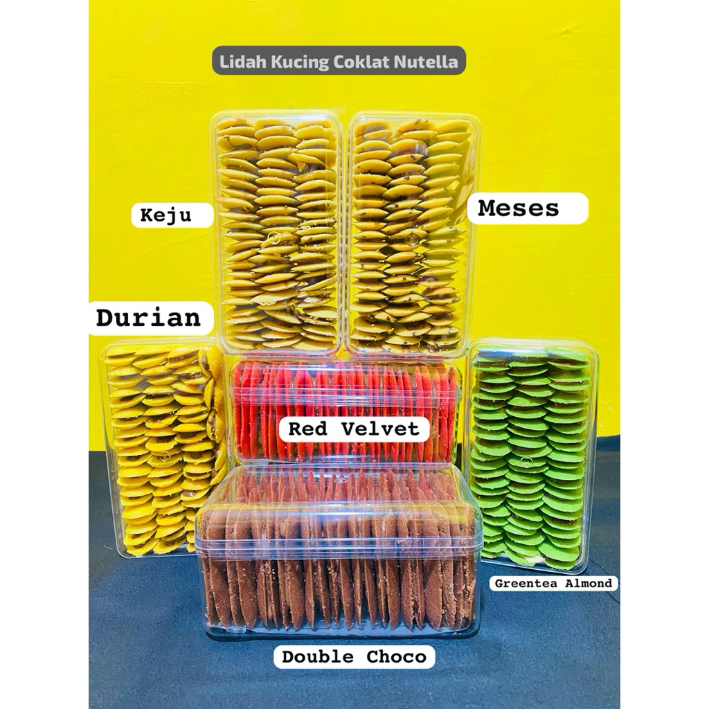 Lidah kucing coklat nutella terdiri 7 Varian. Ori,meses,keju,red velvet, Durian, Greentea Almond,Dou