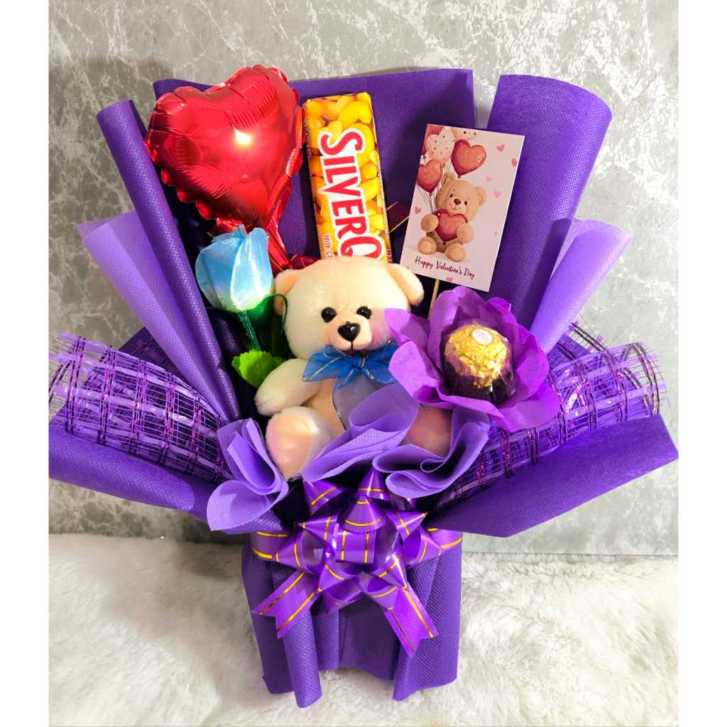 Buket Boneka Teddy Bear Coklat Silverqueen Fererro Rocher dan Balon untuk kado Birthday Valentine Ul