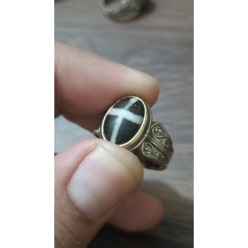 Batu Tapak Jalak Hitam Garis sedang Tembus Senter