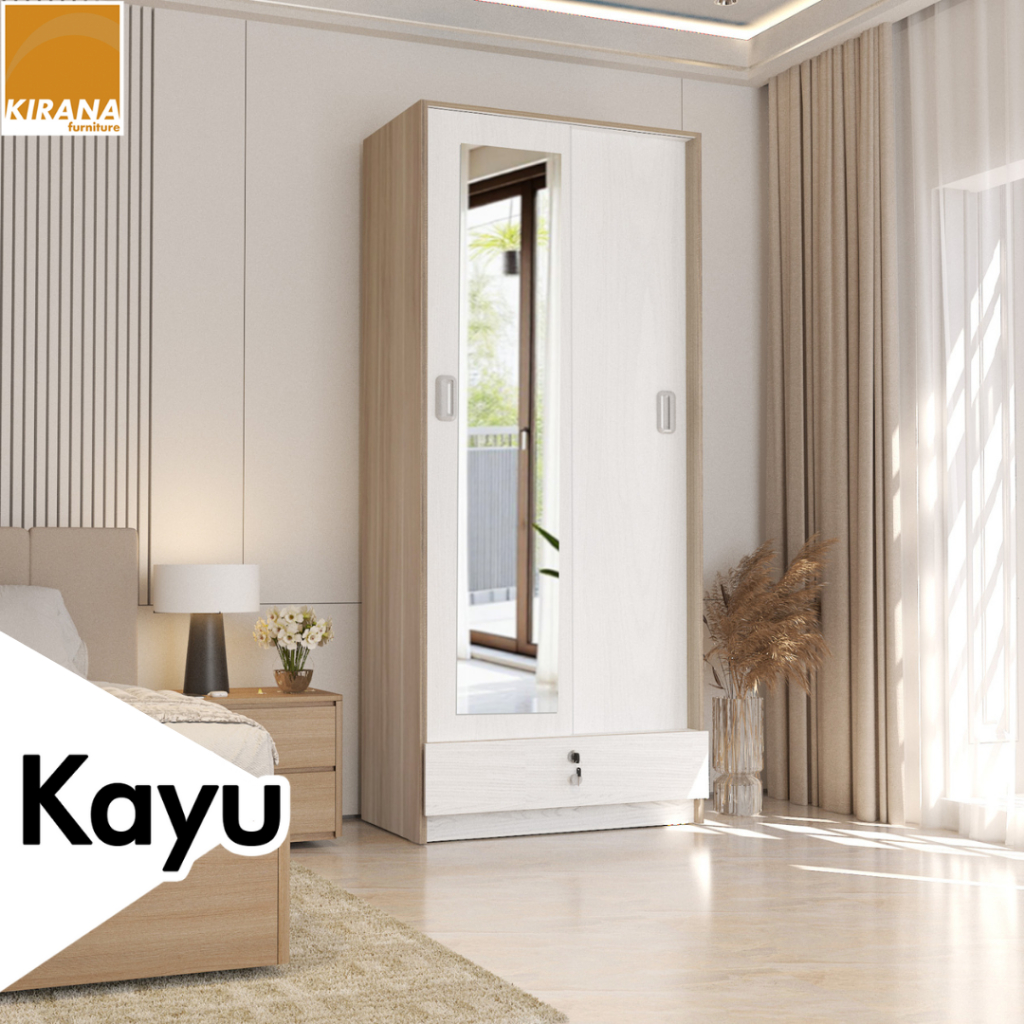 KIRANA NewOmaha - Lemari Pakaian Kayu 2 Pintu Sliding / Geser Wardrobe Putih Modern Minimalis