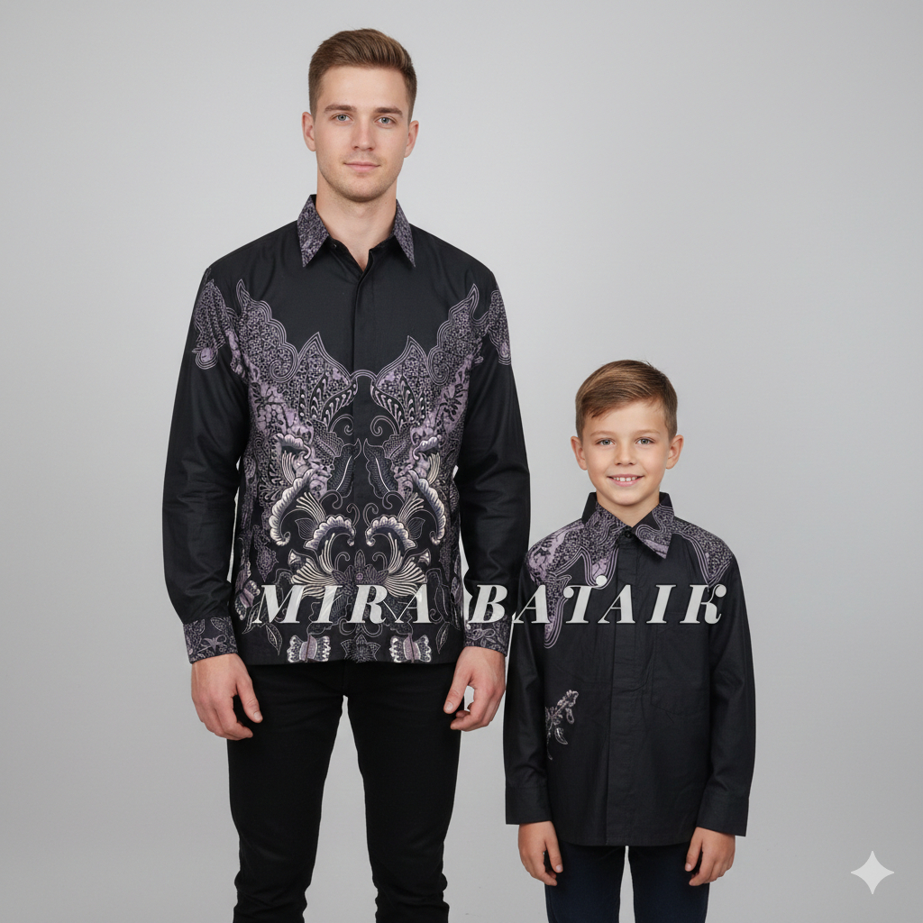 Batik Couple Ayah Anak Motif Terbaru Hitam Keunguan /Batik Couple Modern Kemeja Pria & Anak Laki-Lak