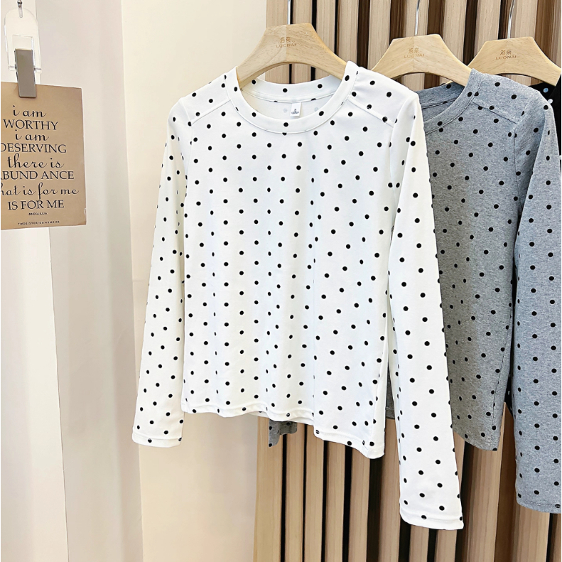 Kaos lengan panjang motif polkadot Putih berkualitas tinggi