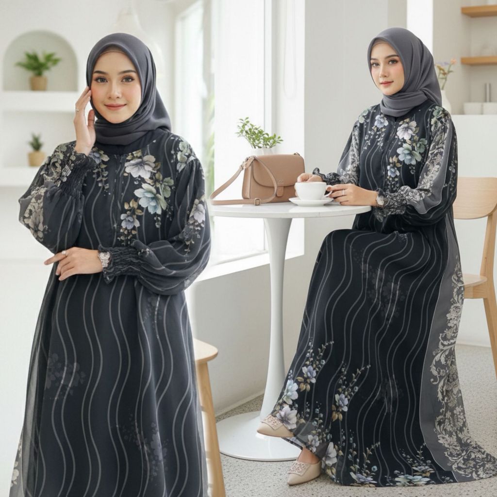 Kiukiu Gamis Ceruty Bunga Premium - Dress Wanita Motif Bunga - Gamis Putih Hitam Dress Bunga