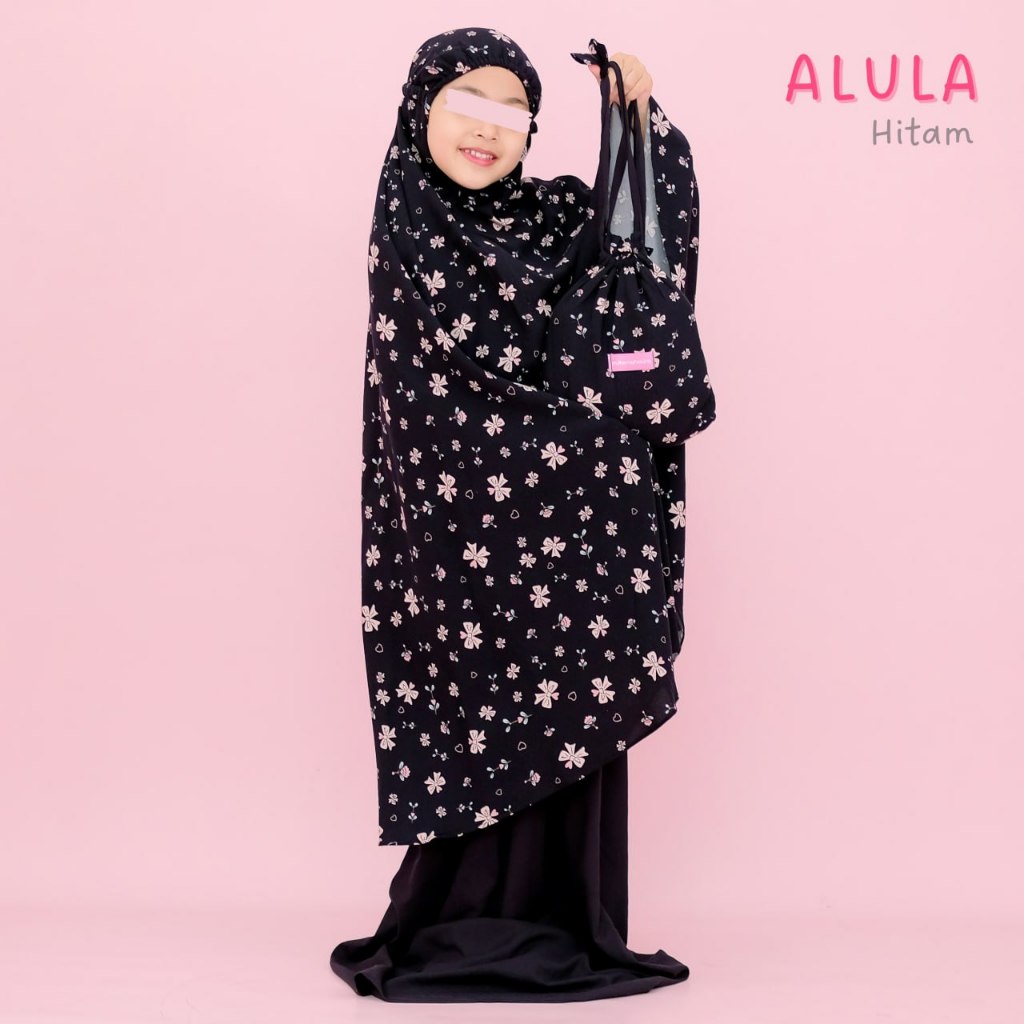 Mukena Anak Rayon 2in1 Motif Pita Lucu Resleting Dagu Alula Putih Hitam TK SD Dewasa Jumbo