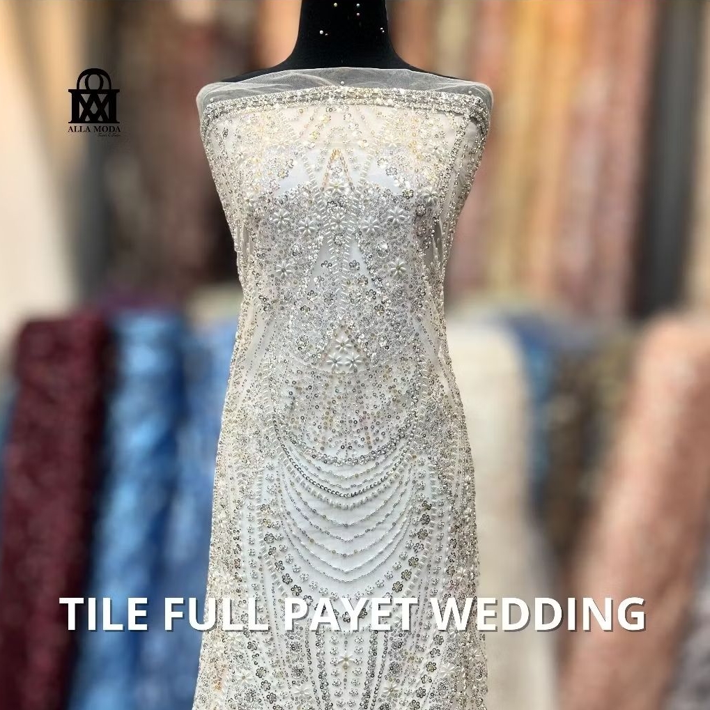 [Harga 0,5 Meter] Kain Brokat Payet Glamor Modern Gaun Wedding/Tulle Full Payet Putih Lebar 135cm