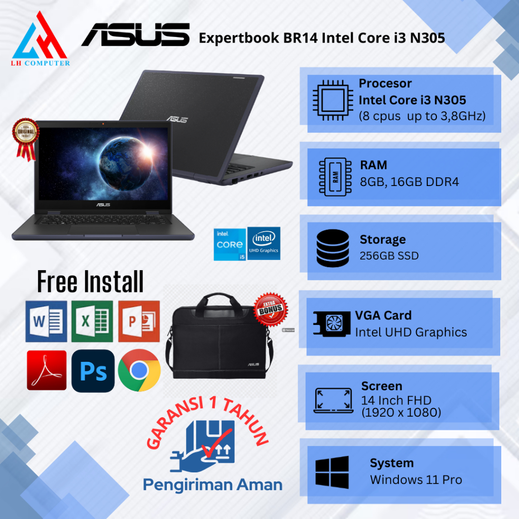 Laptop Baru ASUS  BR1402CG Core i3 N305 8 Cpus up to 3,8Ghz