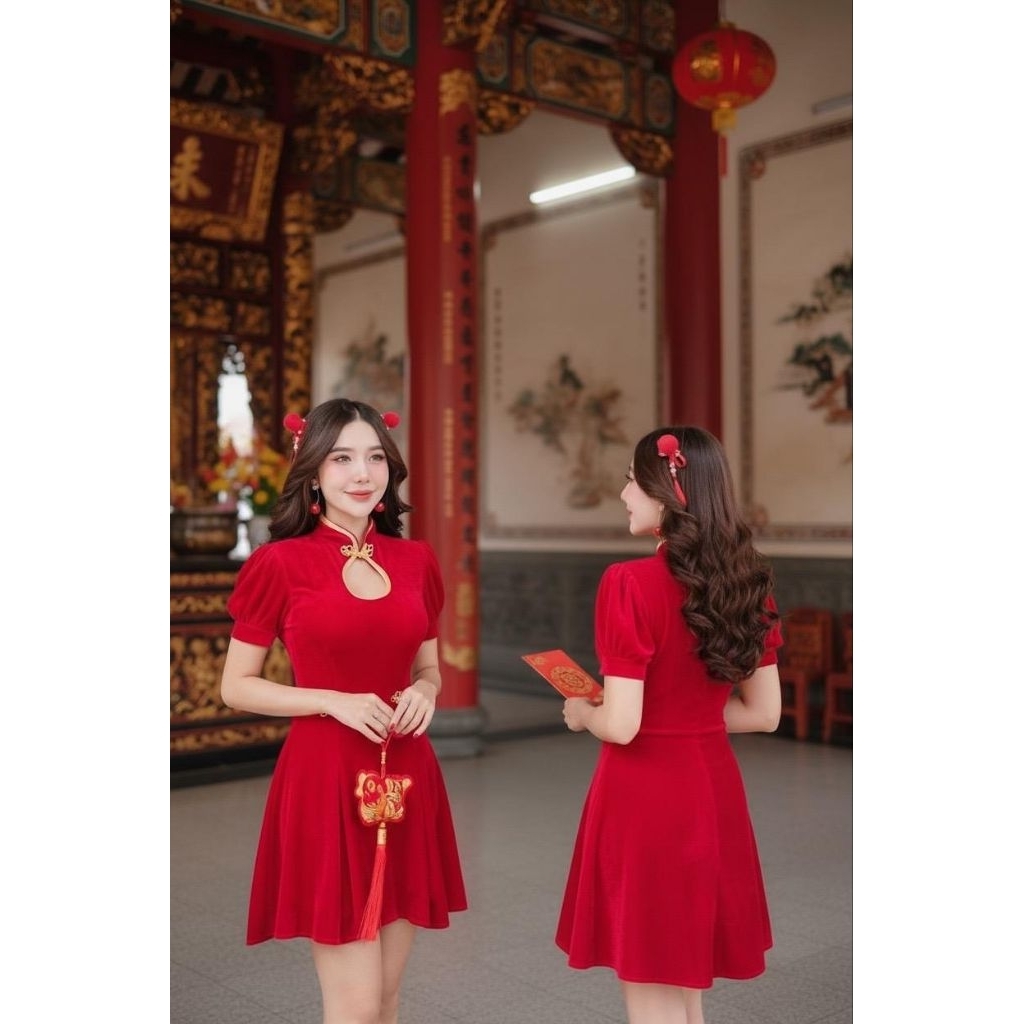 Elxie - 741 / Dress pesta Lunar / Dress slim fit sincia / gaun qipao imlek / mini dress cheongsam / 