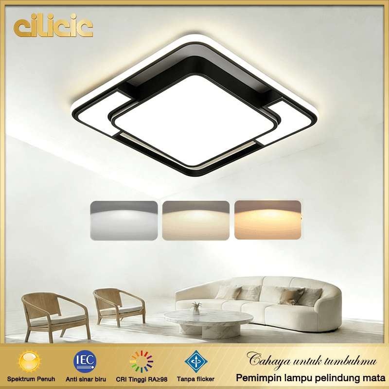 [CILICIC] Lampu Plafon Lampu Modern Minimalis Bentuk Persegi Gaya Nordic 3 Warna LED Lampu Ruang Tam