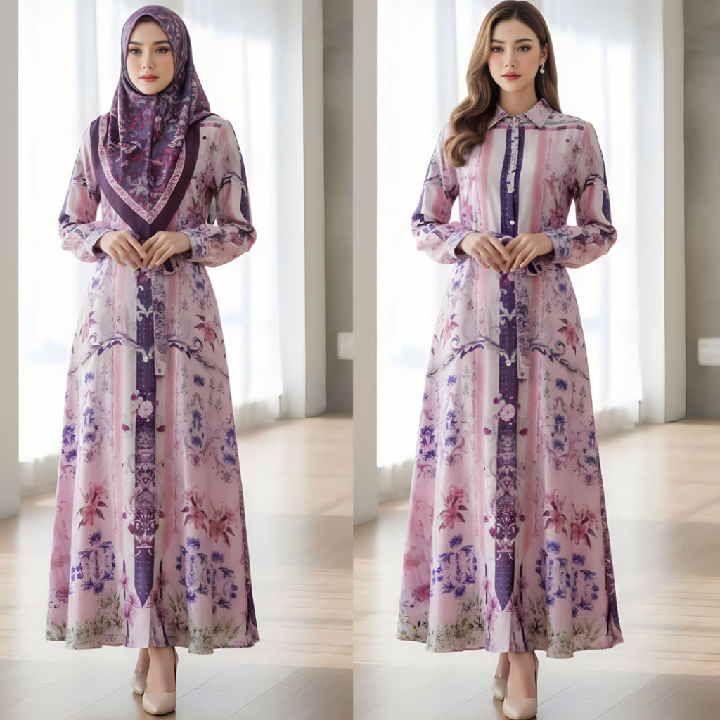 SENZA LD 110 DRESS KERAH RESLETING BUSUI LENGAN PANJANG TALI PINGGANG TANPA KERUDUNG BAHAN ARMANI SI