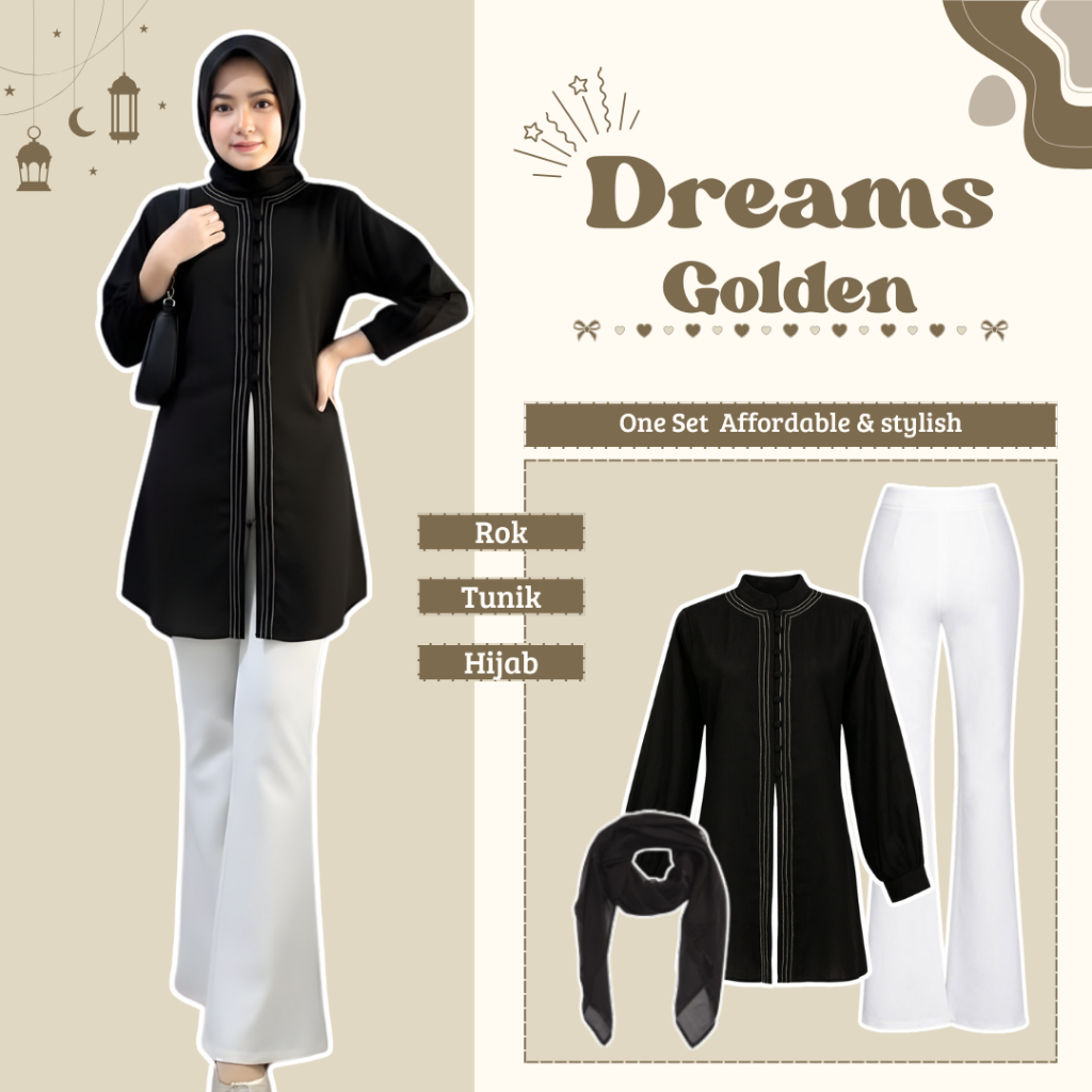 One Set Tunik Hijab Kekinian (TUNIK AYUNDA | CELANA SCUBA CUTBRAY | HIJAB BELLA SQUARE) Outfit 3IN1 