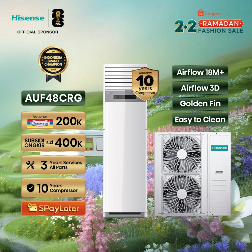 Hisense AC AUF48CRG Inverter 5 PK Floor Standing Air Flow Jarak Hingga 18M Lebih Pendinginan 4D Ruan