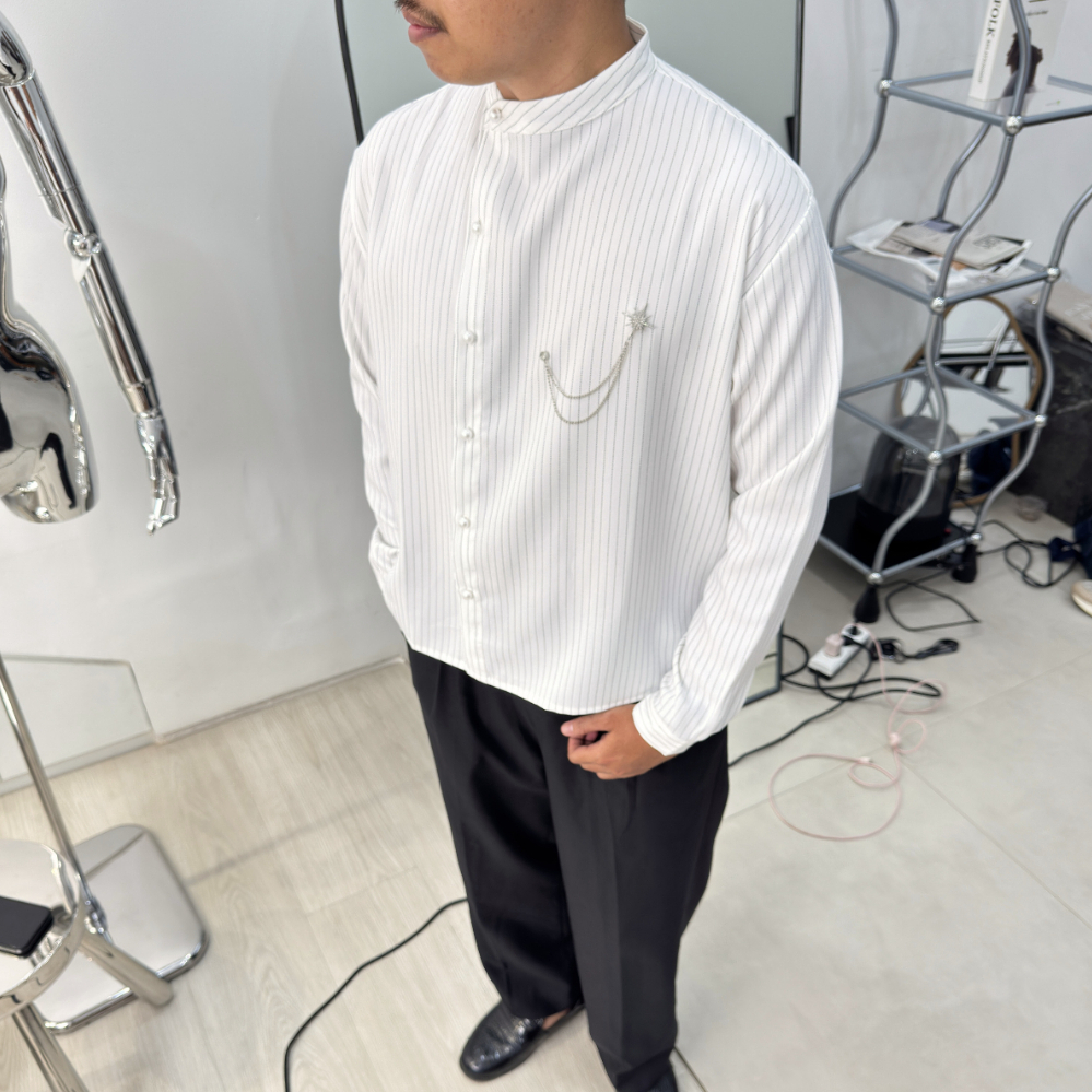 Divsouth Kemeja Boxy Panjang Beskap Shirt Modern / Atasan Kemeja Pria Formal Stripe Unisex