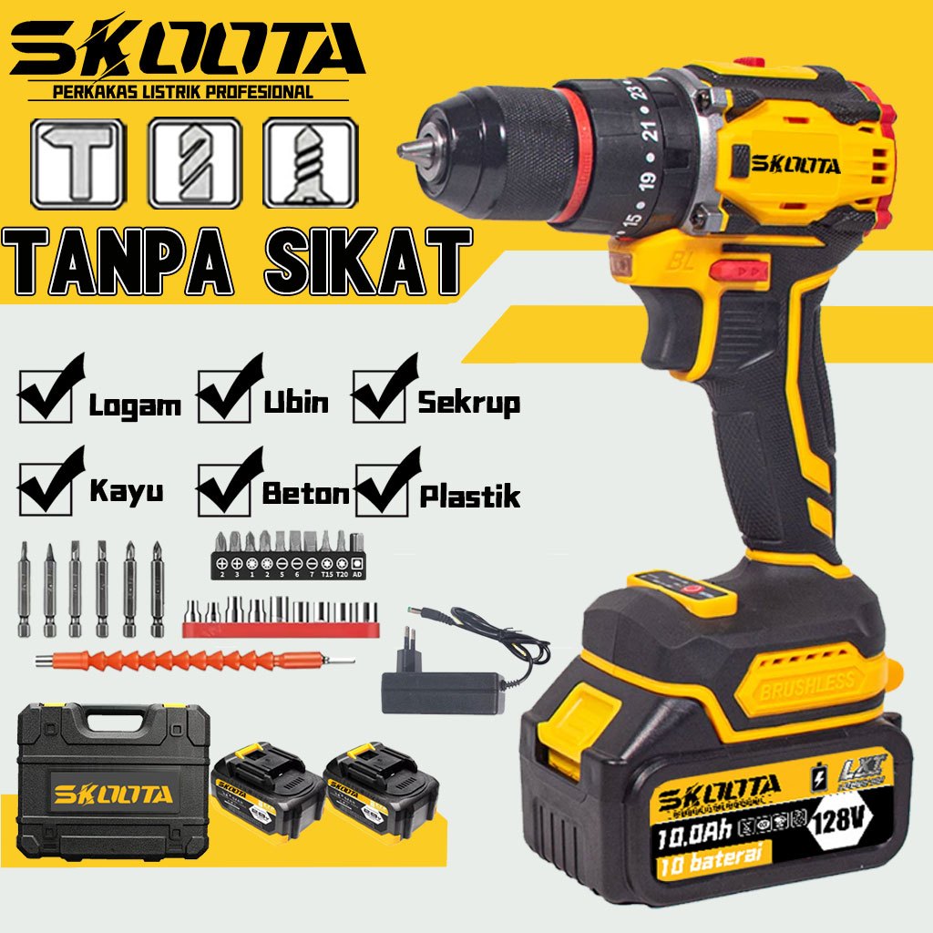 SKTOOA 128V  Bor tanpa sikat , bor impak 13 meter, set mata bor 24 buah, bor tanpa kabel, 2 baterai 