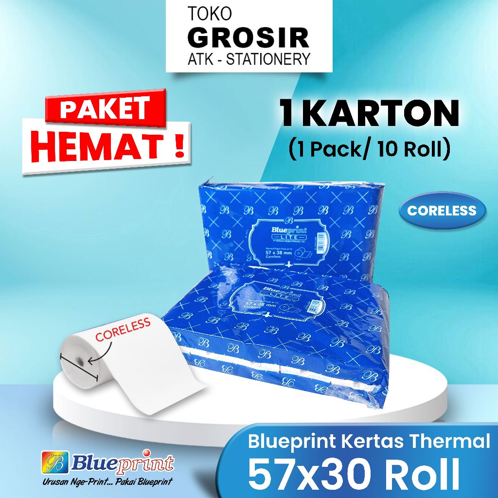 57X30 (PACK) KERTAS KASIR STRUK KERTAS THERMAL EDC BRI PPOB BLUEPRINT LITE 57MM 58x30 CORELESS