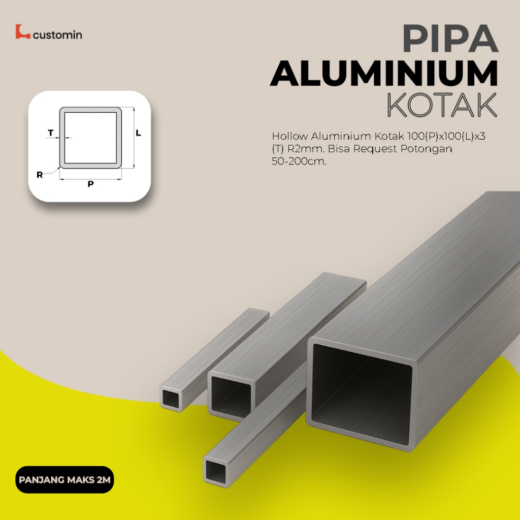 Aluminium Hollow Kotak 100x100mm Tebal 3mm Persegi