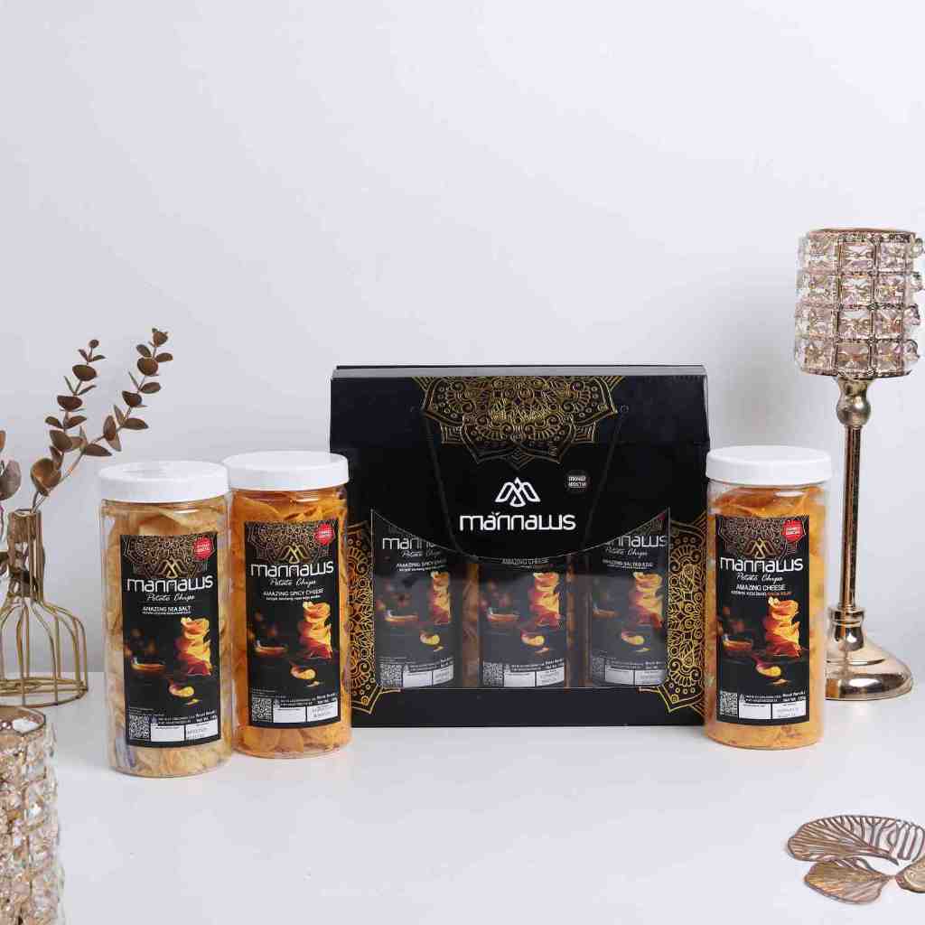 Mannaws Potato Chips Snack Keripik Kentang Premium Crispy - Paket Hampers 3 Toples