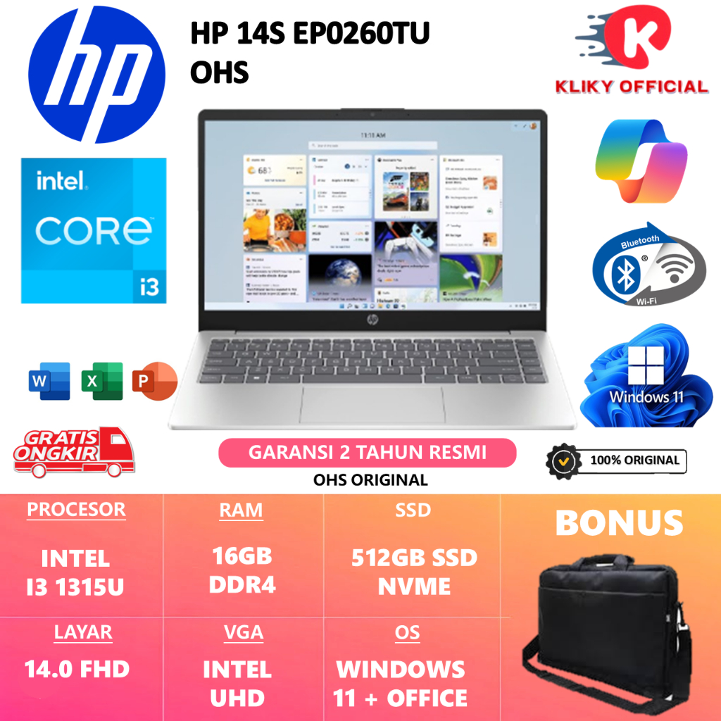 Laptop Baru HP 14S EP0261TU Intel Core I3 Gen 13 RAM 16GB SSD 512GB 14 Inch Win11 OHS Garansi Resmi