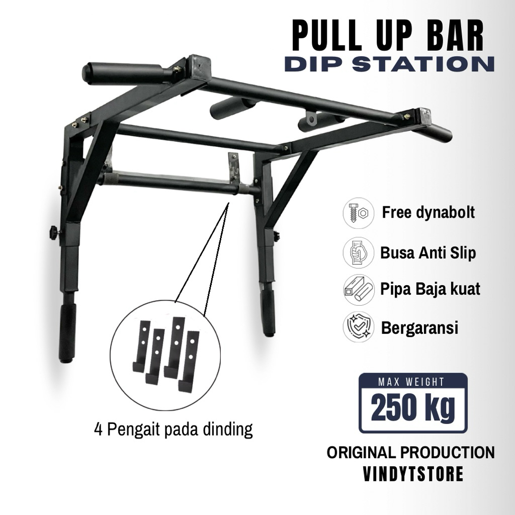 Pull Up Bar Dinding Multifungsi / Dip Station Gantung Tembok Max 250 KG Kuat dan Kokoh (Free Dynabol