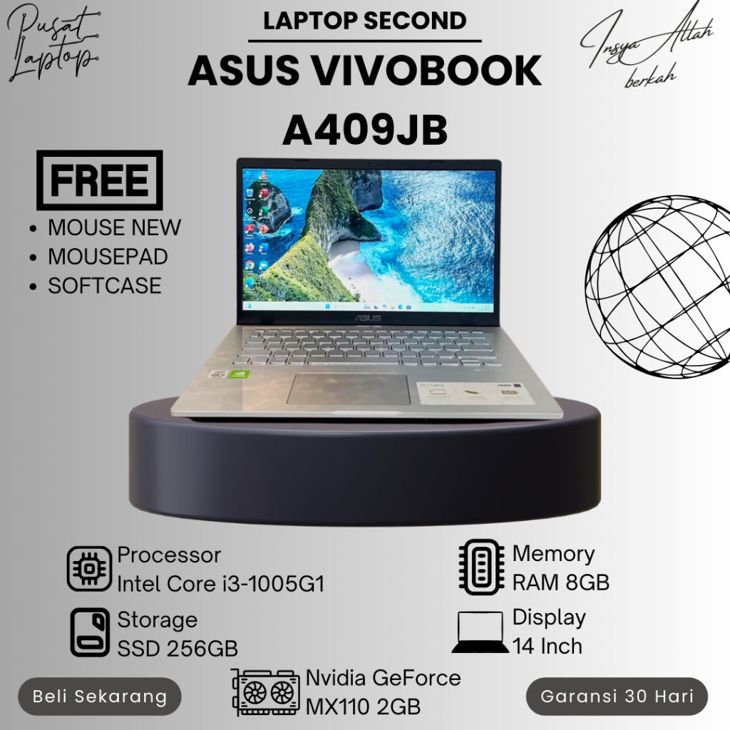 LAPTOP ASUS VIVOBOOK A409JB SECOND | INTEL CORE I3-1005G1 | RAM 4GB | SSD 256GB | NORMAL | BERGARANS