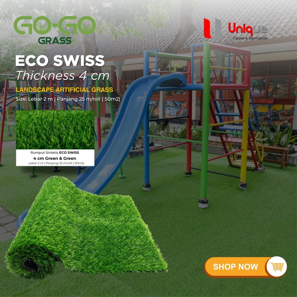 GOGO GRASS - RUMPUT ECO SWISS 4CM FULL GREEN / KARPET ROLL RUMPUT SINTETIS ANTI UV / RUMPUT METERAN 