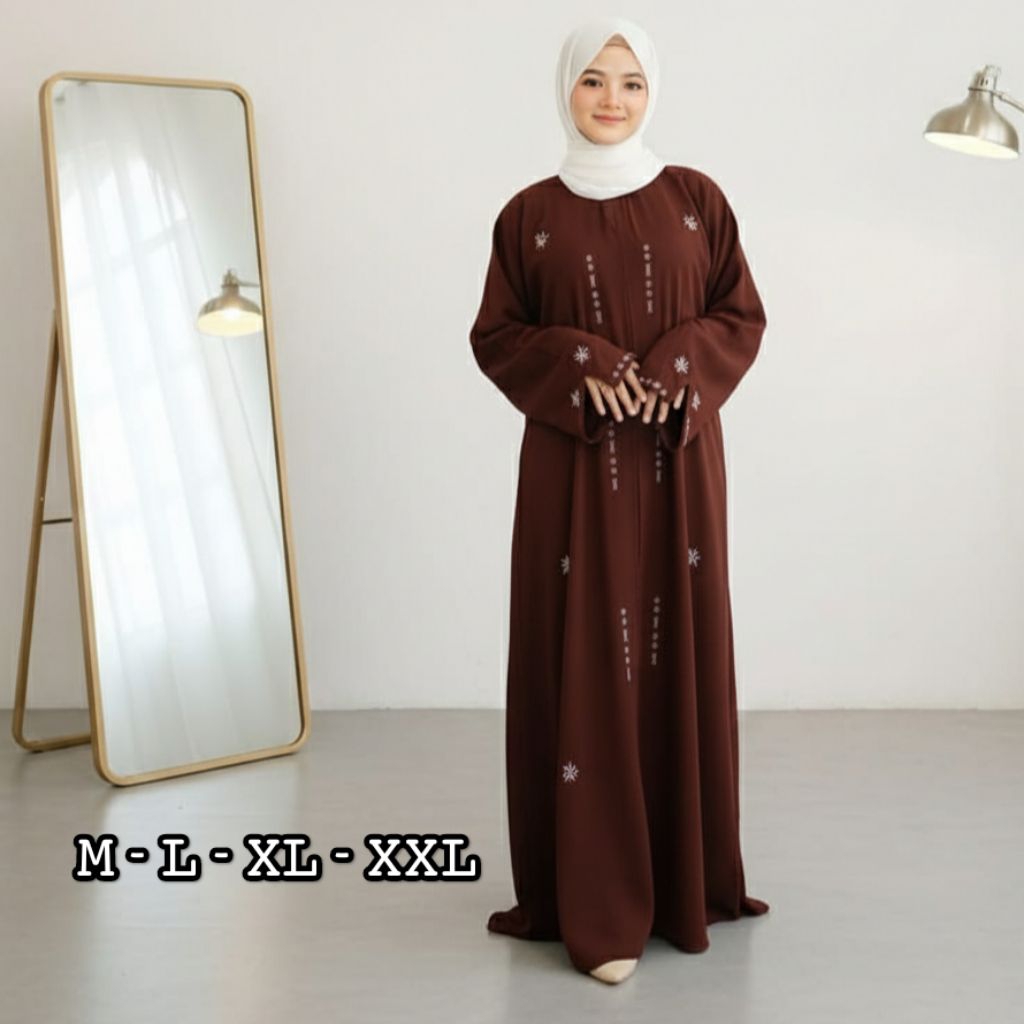 Dress Abaya Gamis Simple Mewah Elegan 2 Layer Mix Swarosky Bahan Sabrina Anti Uv Ukuran M-xxl