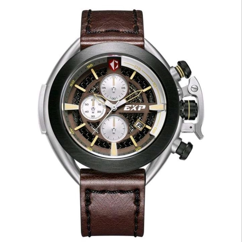 Expedition E 3001 MC LTBBA Original Jam Tangan Pria Chronograph Brown Pattern Dial Tali Kulit Asli S