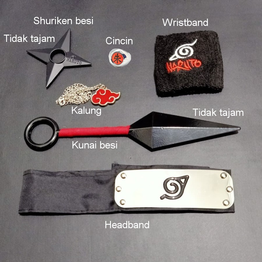 Set 6 pcs aksesoris anime naruto kunai besi shuriken headband kalung cincin