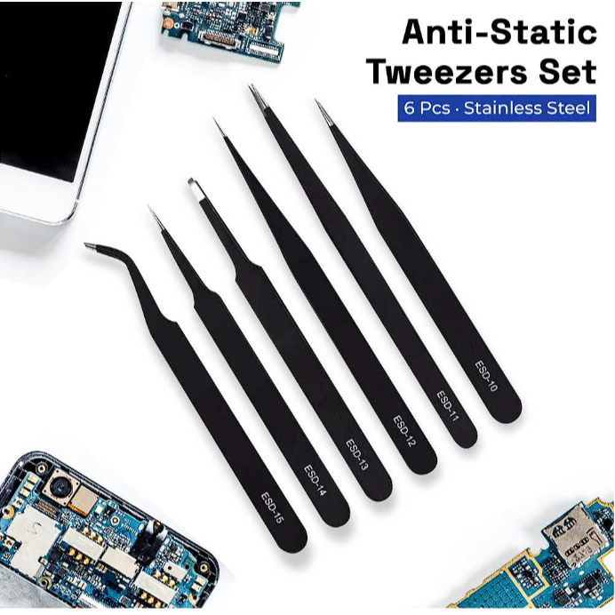 ESD Set Pinset Serbaguna Stainless Steel Tweezers 6 Pcs