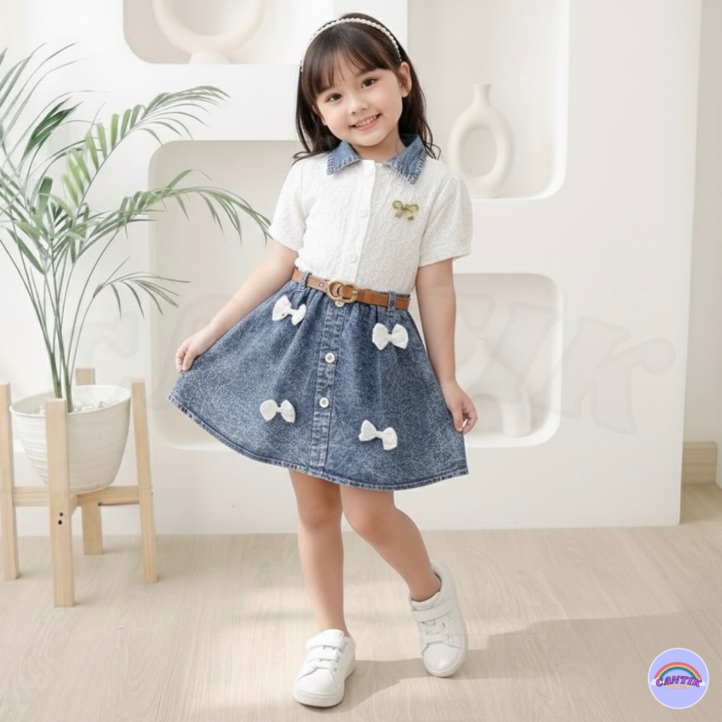 Dress Midi Jeans Anak Perempuan Mix Brokat Lengan Pendek Usia 2-13 Tahun Fashion Natal import COD