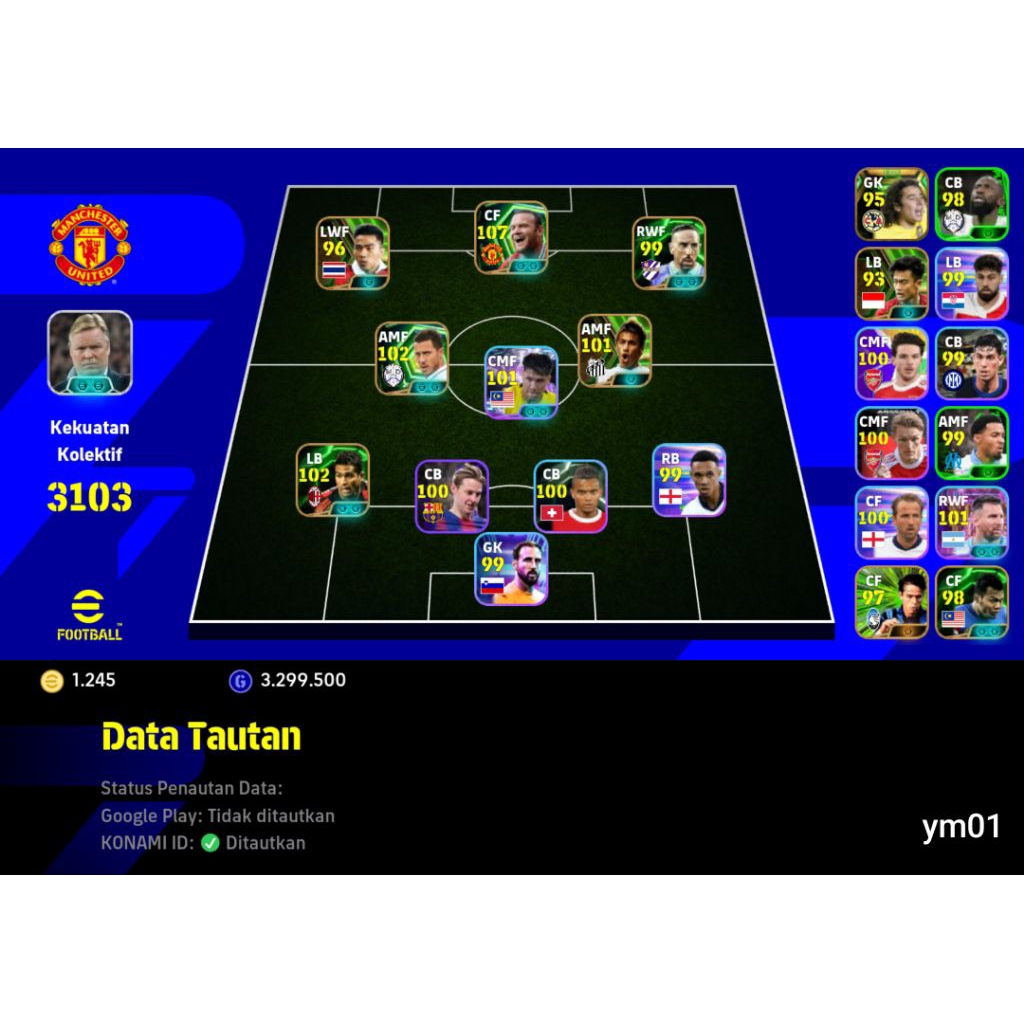 Akun efootball dgn coin 1200+, ovr 3100+, kode ym01