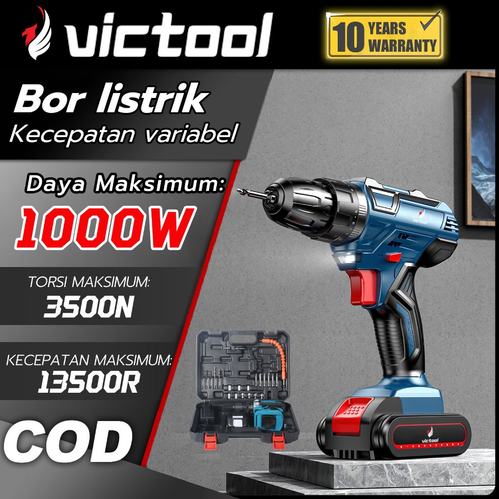 VICTool (Gratis Ongkir) Set Bor Listrik Tanpa Kabel Baterai Lithium Makita 21V, Bor Genggam Tanpa Ka