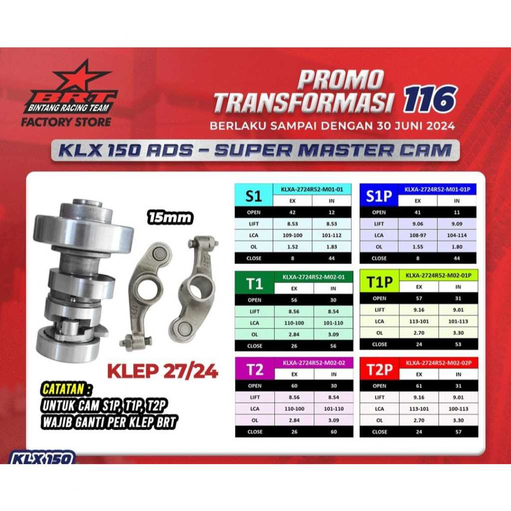 CAMSHAFT NOKEN AS ORIGINAL BRT KLX 150 ADS KLEP 27/24 TIPE T1 T2 S1 S1P T1P T2P R1 R2 R3 SUPER MASTE