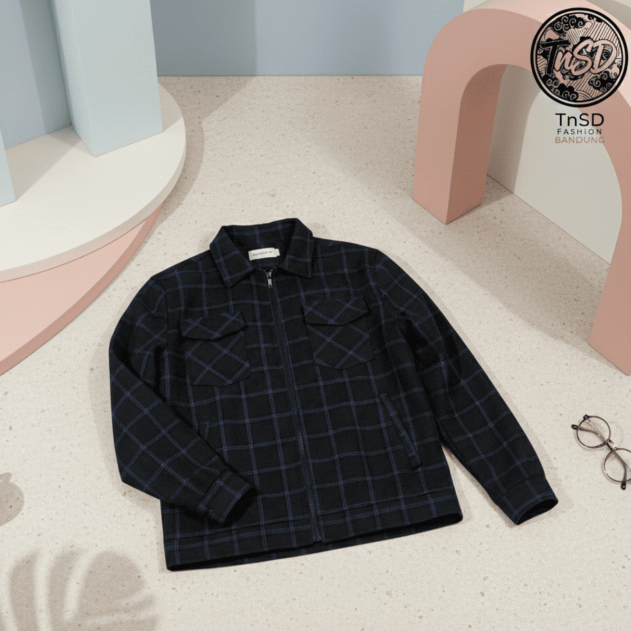 TnSD Jaket Kemeja Flanel Pria – Shacket Quilting Tebal | Outer Casual Premium -Biru Garis Biru Muda