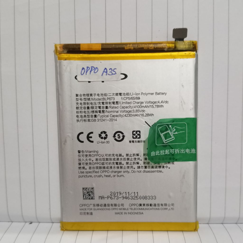 Baterai ORI Copotan Oppo A3S / A5s / A12 / A7 / A1K /Realme C1| Kondisi Baterai Sudah Tes Normal | G