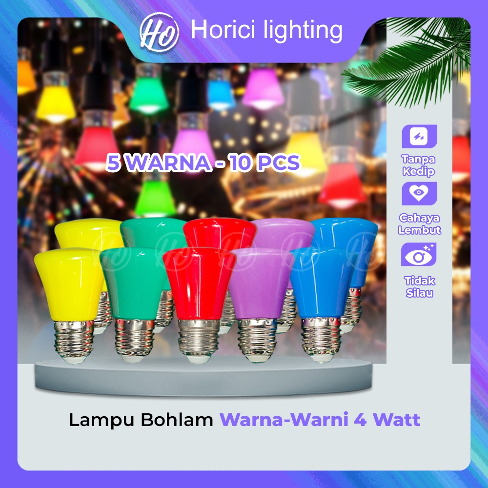 Horici Lampu Bola Warna Warni Led 1 Set Isi 10 Pcs 5 Warna / Bohlam Led 4Watt Lampu Dekorasi Hias
