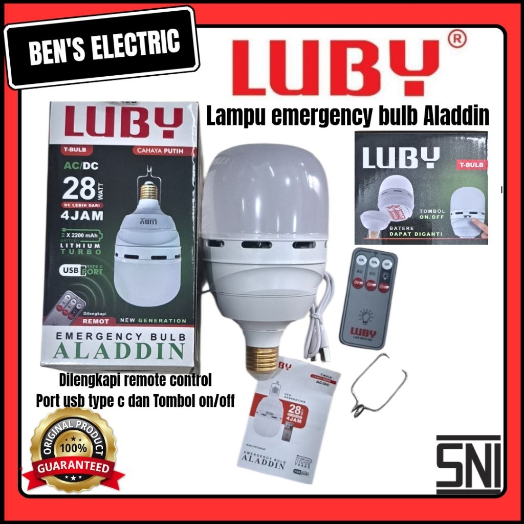 LUBY Lampu Emergency Aladdin dengan Baterai Lithium Tahan Lama remote control, port usb C 28w