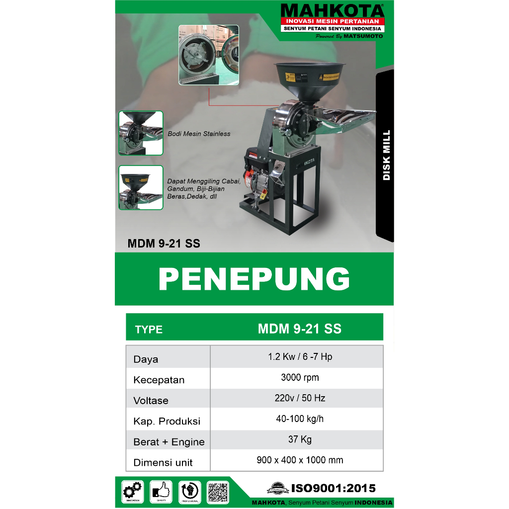 Mesin Penepung Mahkota MDM 9-21 Giling Jagung Beras Kopi Jadi Tepung MDM 9 21